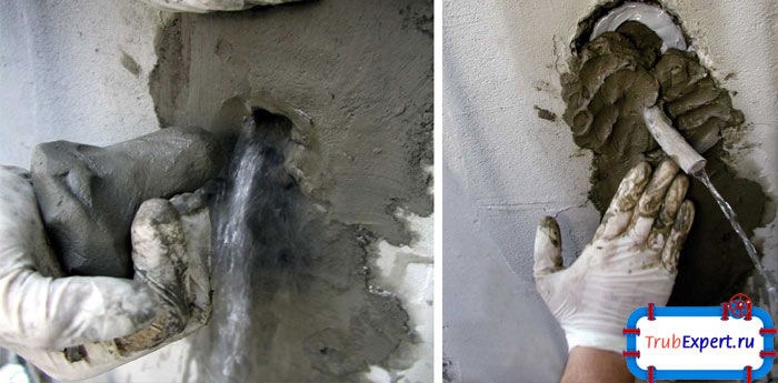 Гидропломбу для колодца следует быстро замешать в необходимых пропорциях и вдавить в место, где образовалась течь